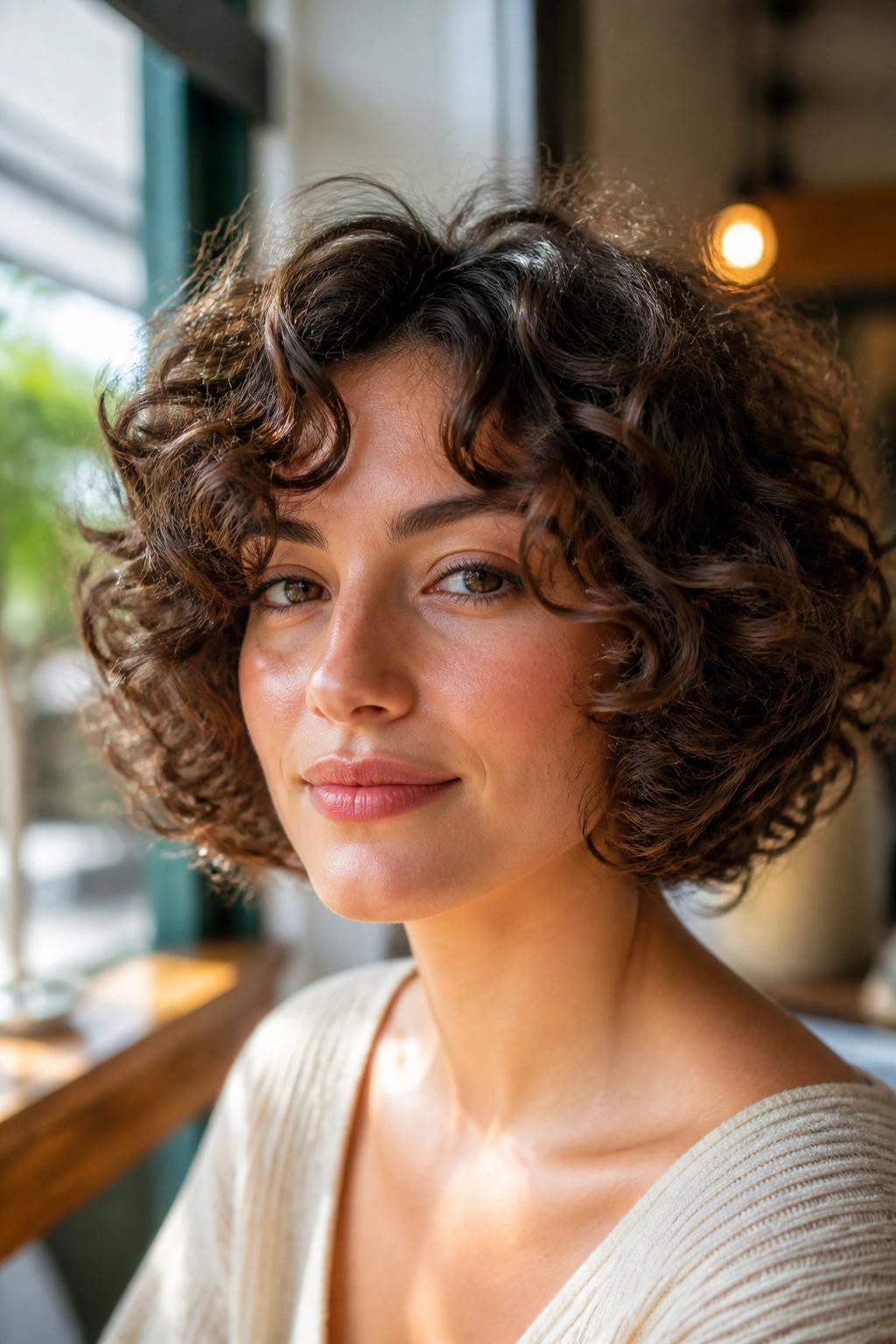 Close-up of a woman with a jaw-length curly bob in a sunlit cafe