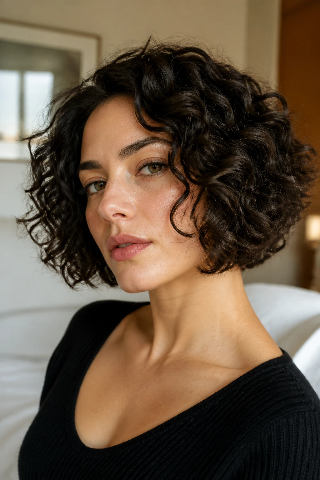 Close-up of a real woman with a jaw-length rounded curly bob and thick curls framing her face