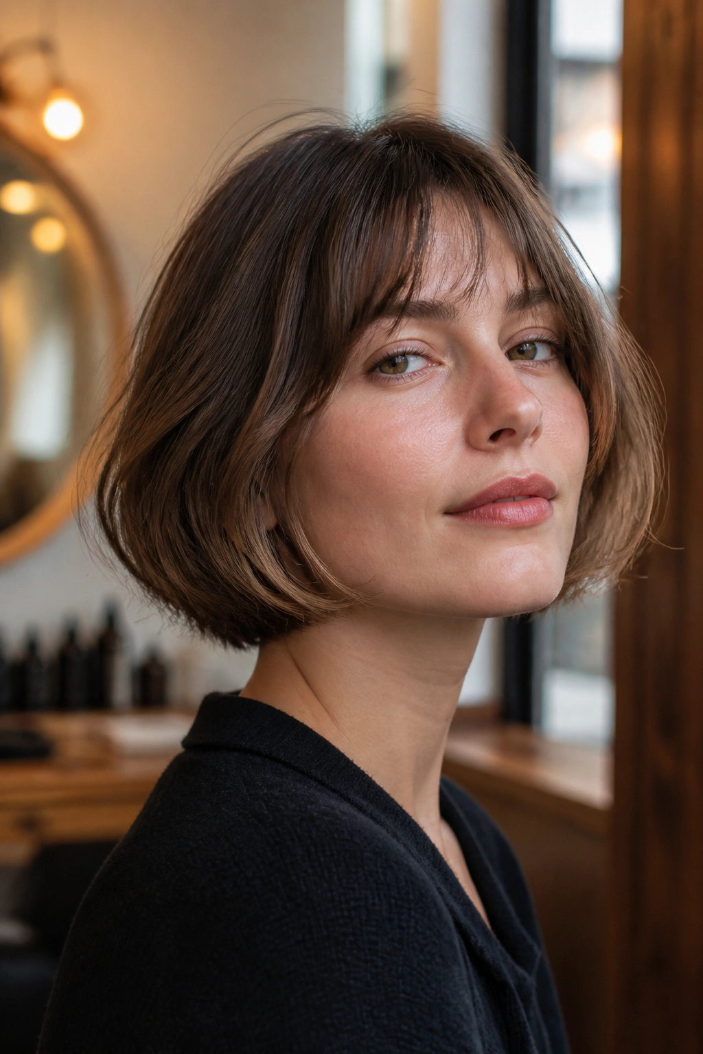 Close-up of real woman with jaw-length French bob and soft bend