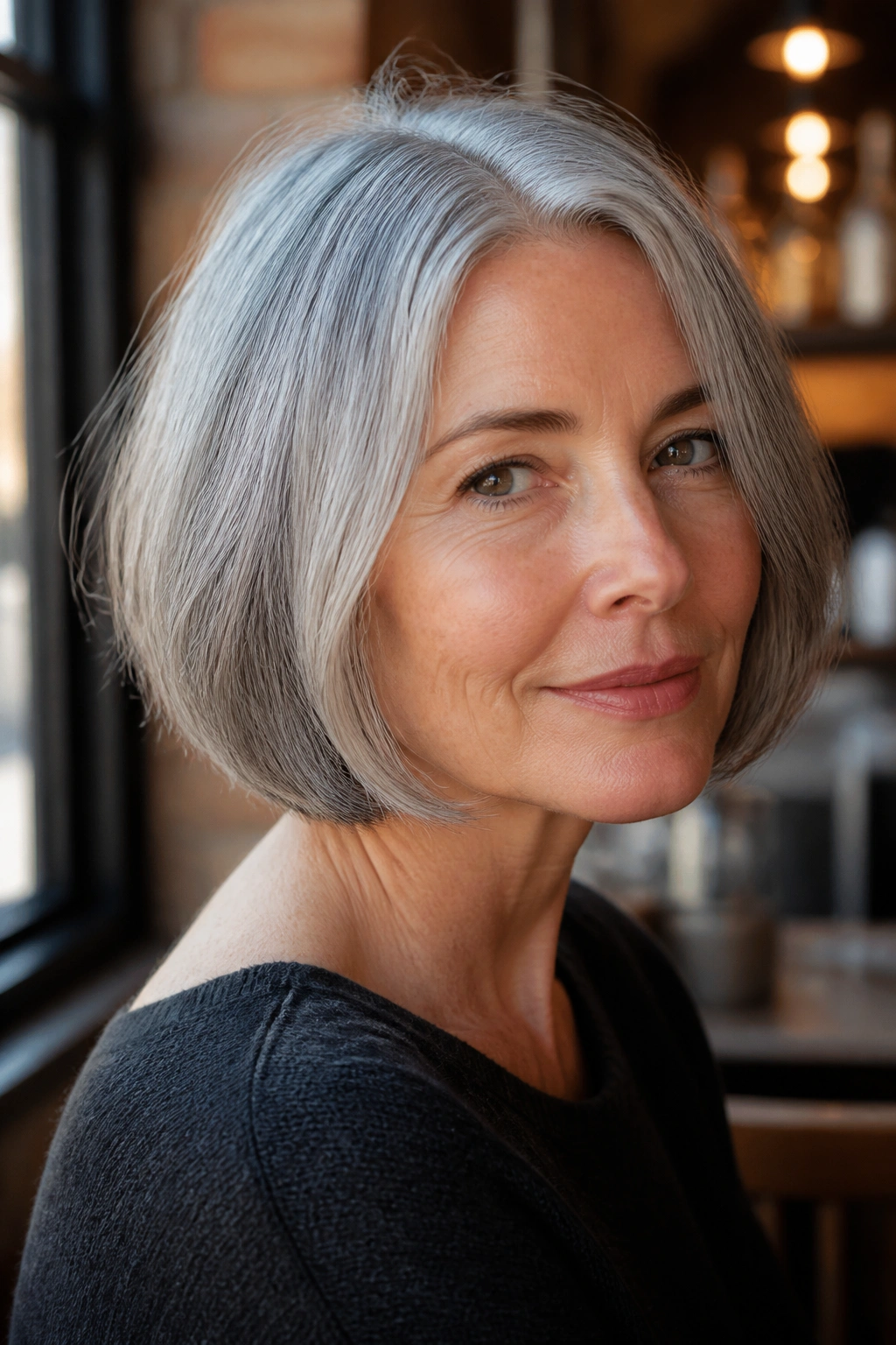 Close-up portrait of a real woman with jaw-length French bob gray hair