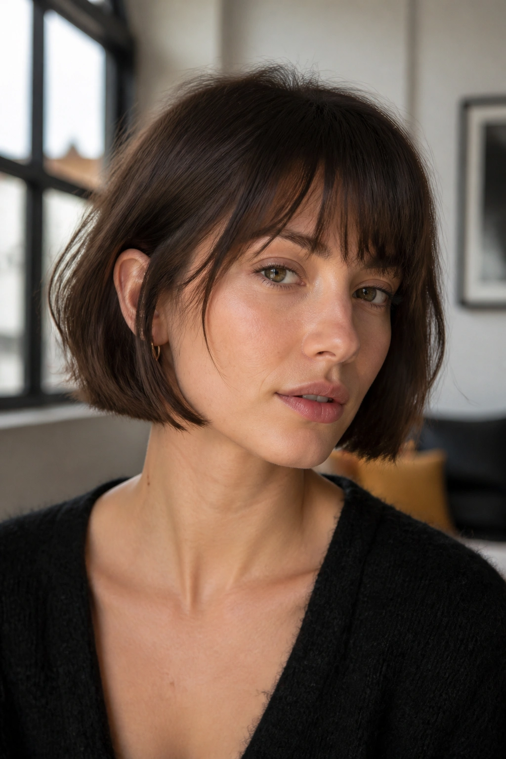 Close-up of a real woman with jaw-length bob and piecey fringe in bright interior light.