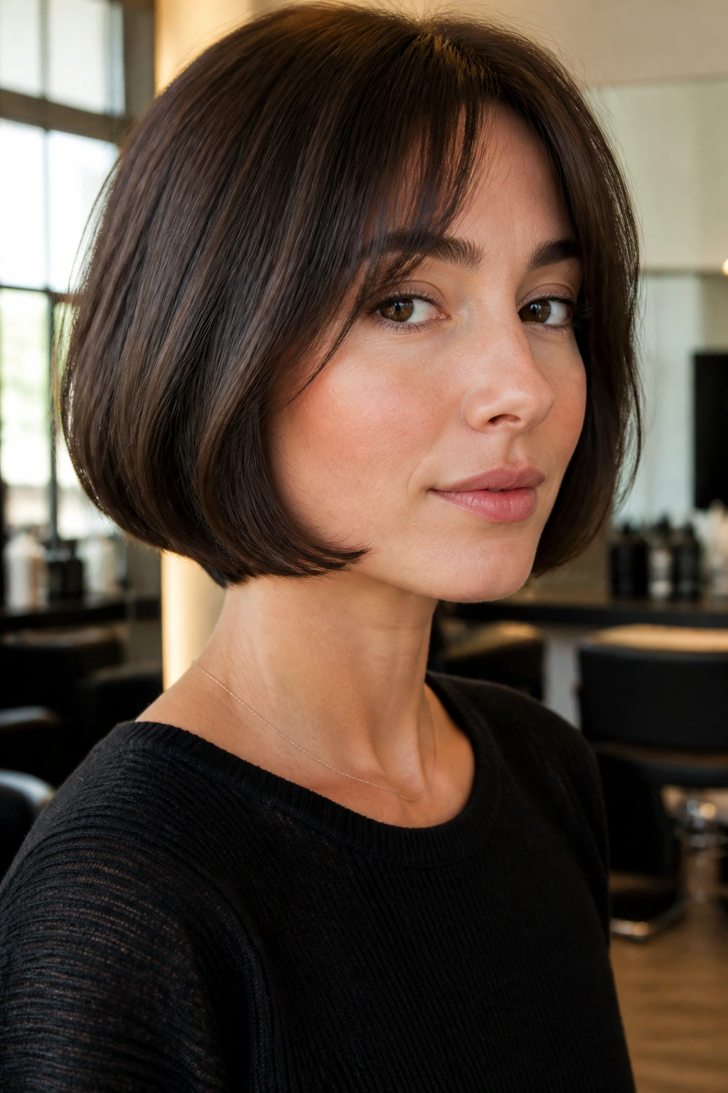 Close-up portrait of a real person with a jaw-length French bob and soft bend.