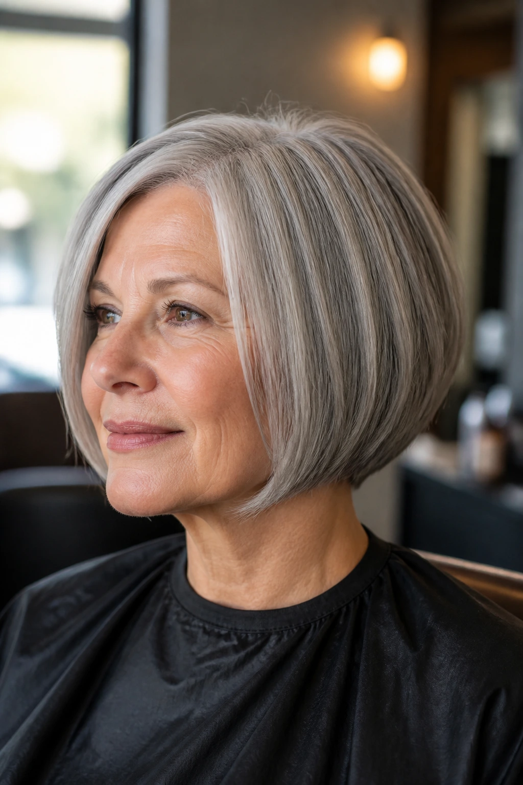 Close-up portrait of a real woman with jaw-length graduated bob gray hair