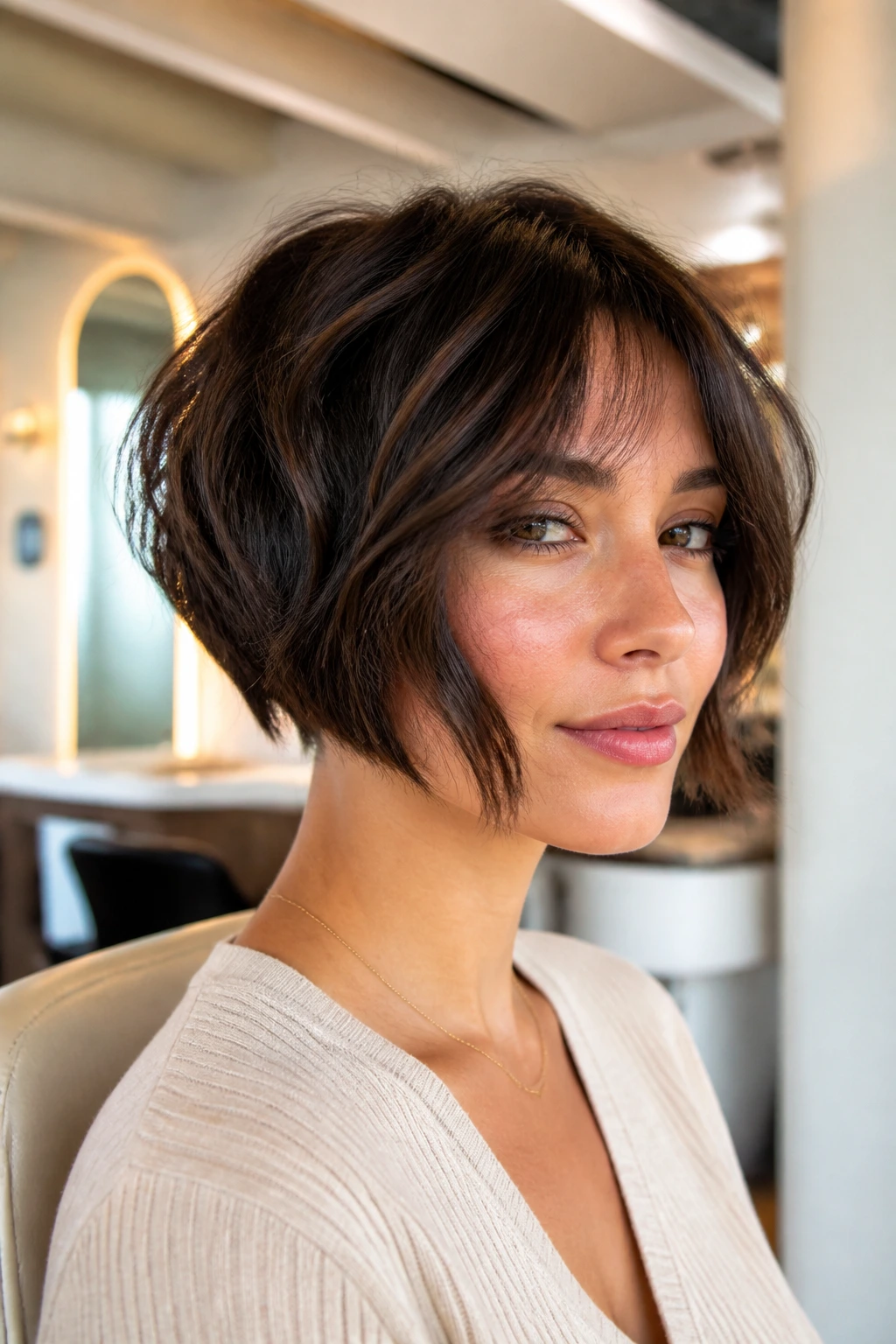 Close-up of a real person with jaw-length inverted bob and face-framing bangs.