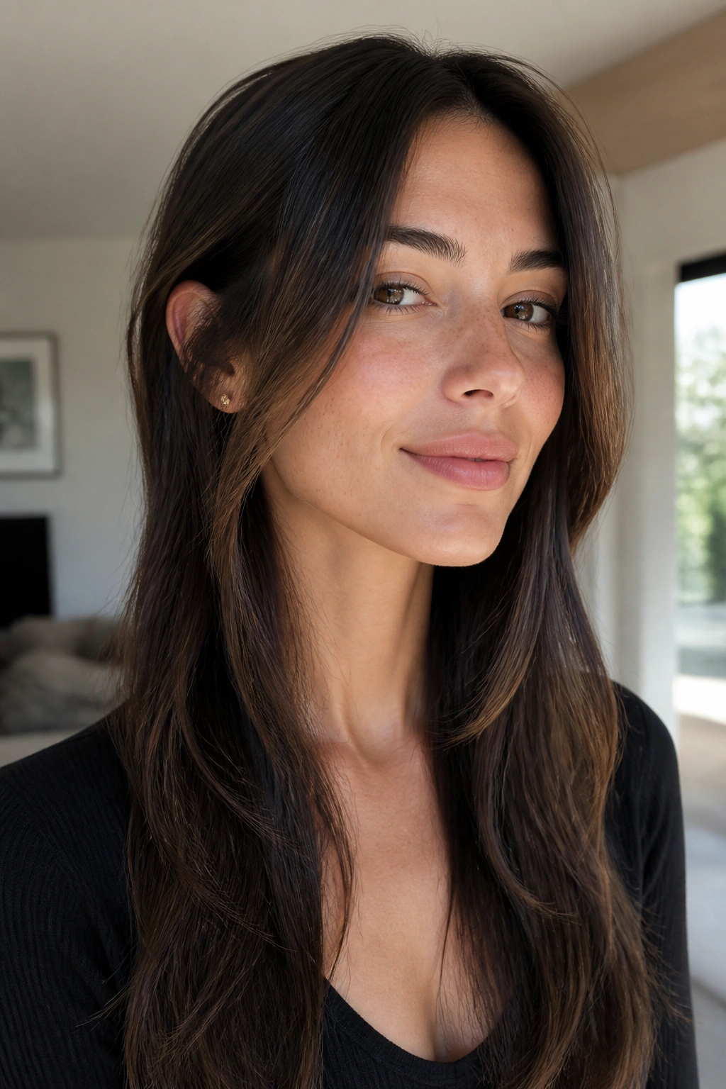Close-up of a real woman with jaw-length invisible layers framing the jaw