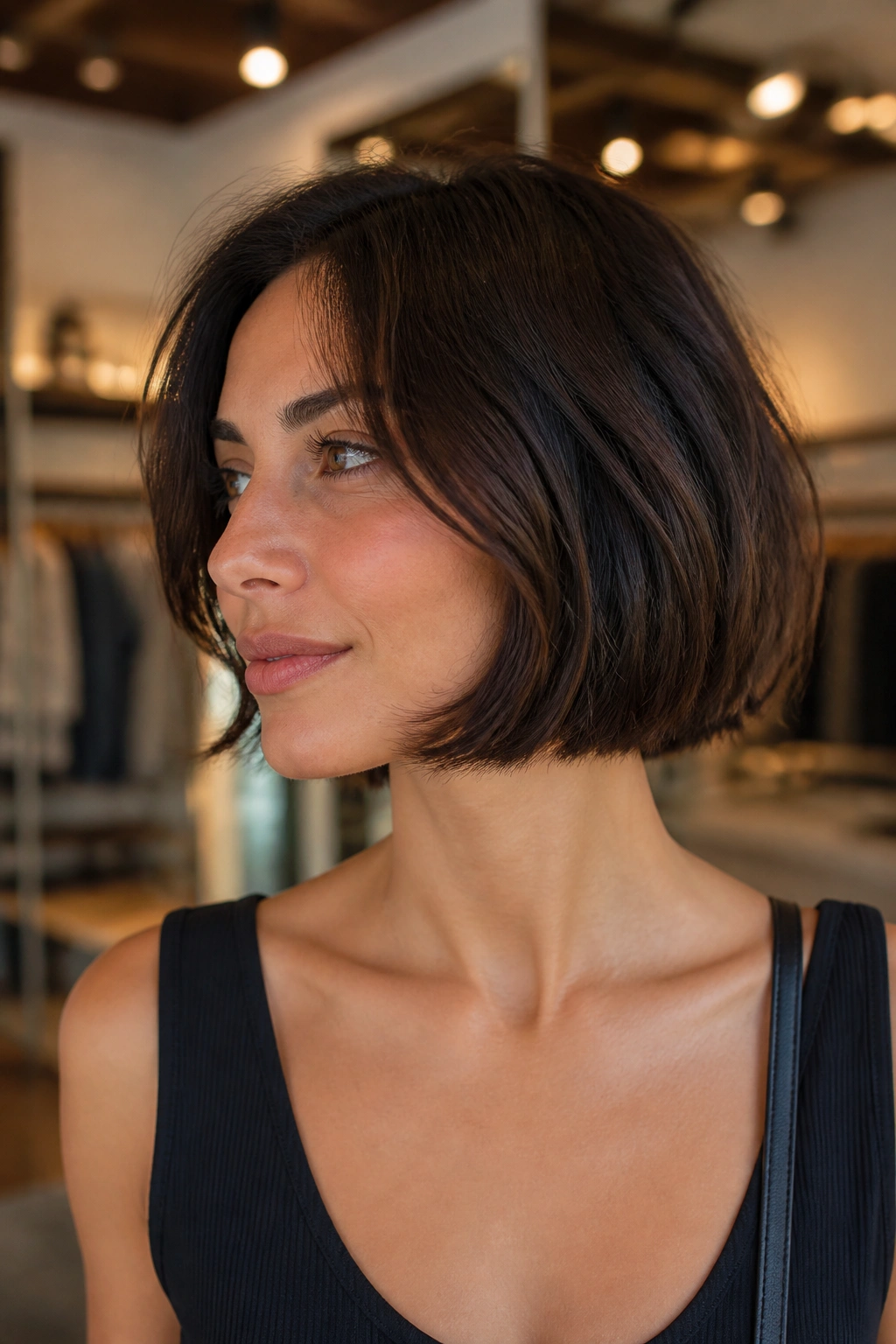 Close-up of a real woman with a jaw-length Italian bob in a warm boutique setting
