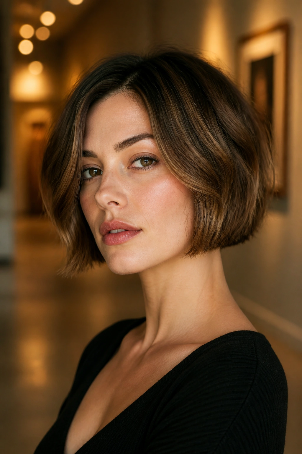 Close-up of a real woman with jaw-length layered bob highlighting jawline