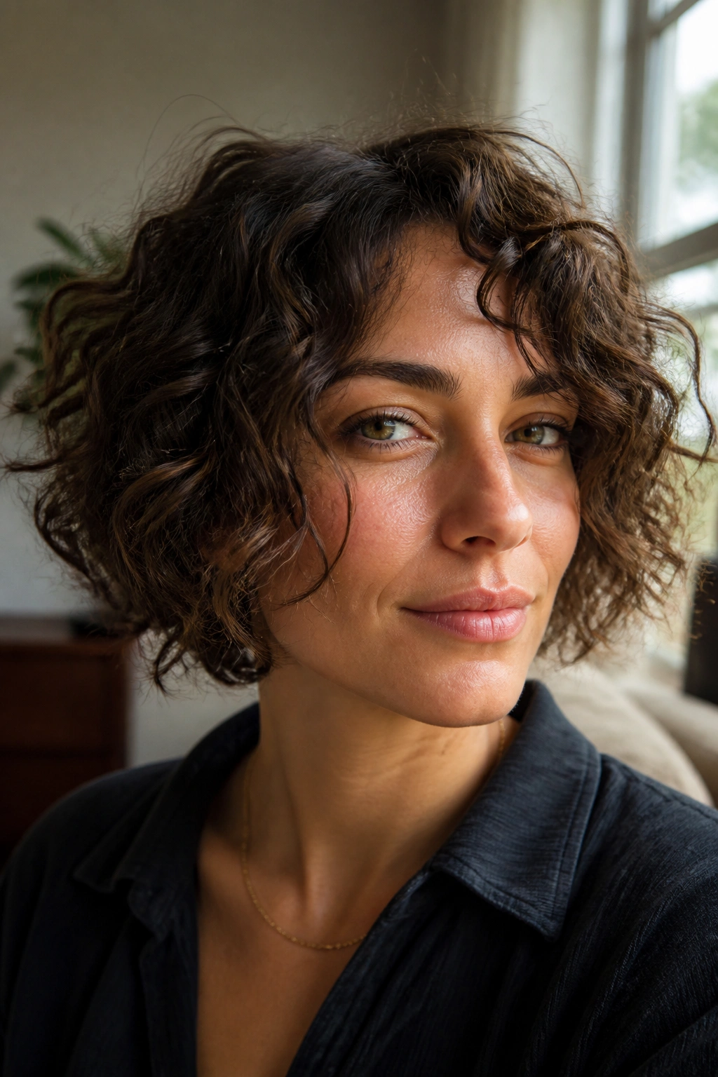 Real woman with jaw-length layered curly bob in natural daylight.