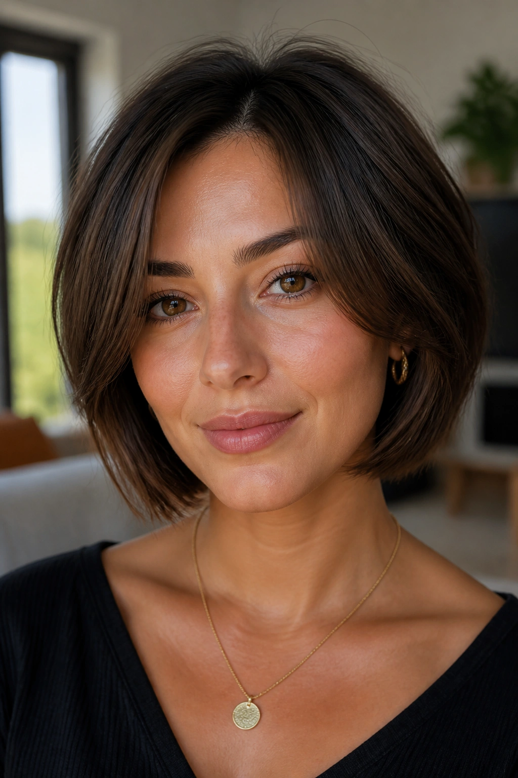 Portrait of a woman with a jaw-length layered bob in a bright living room.
