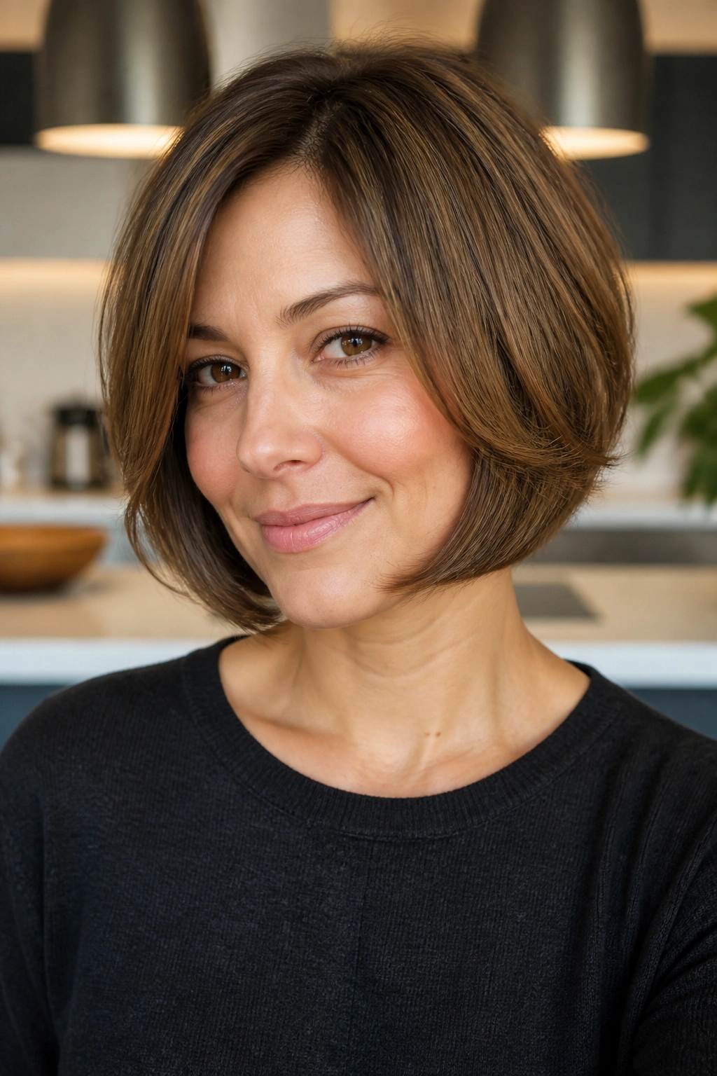 Close-up of a real person with a jaw-length layered cut and tucked ends.