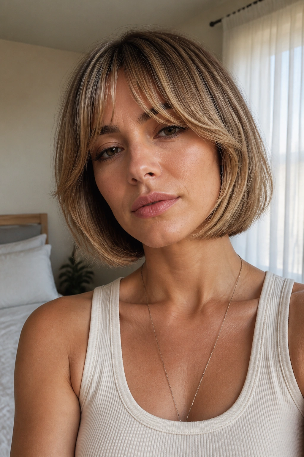 Portrait of woman with jaw-length layered cut and feathered fringe in bright bedroom light