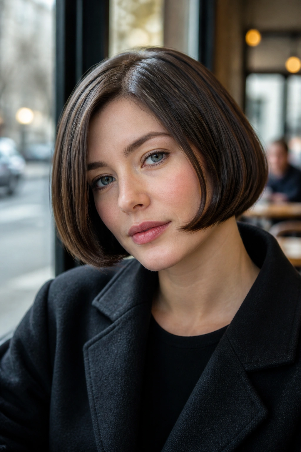 Close-up portrait of a real woman with a jaw-length pageboy bob