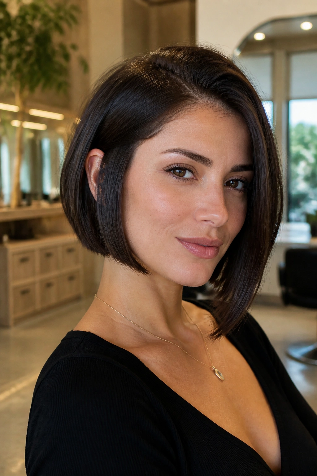 Close-up of real woman with jaw-length side sweep bob
