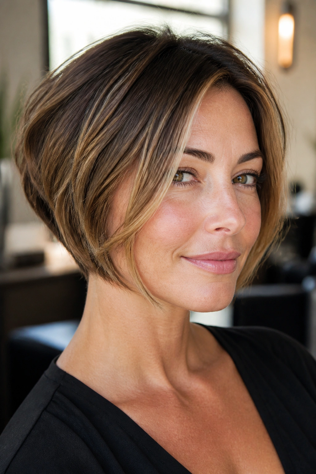 Portrait of a real woman with jaw-length stacked bob and face-framing pieces showing volume