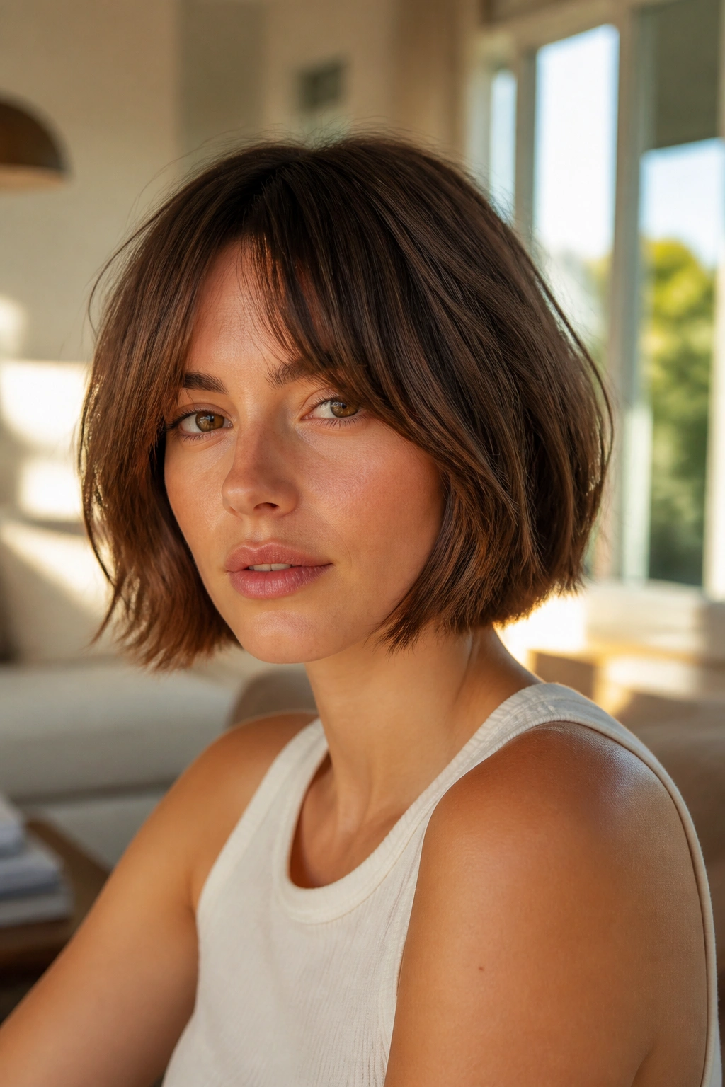 Close-up portrait of a real person with jaw-length textured bob and curtain bangs in a sunlit living room