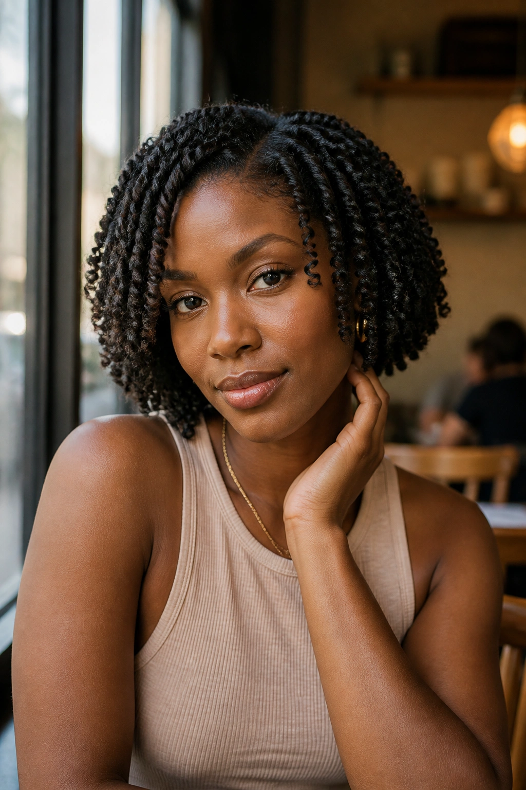 Portrait of a real woman with jaw-length twist-out bob