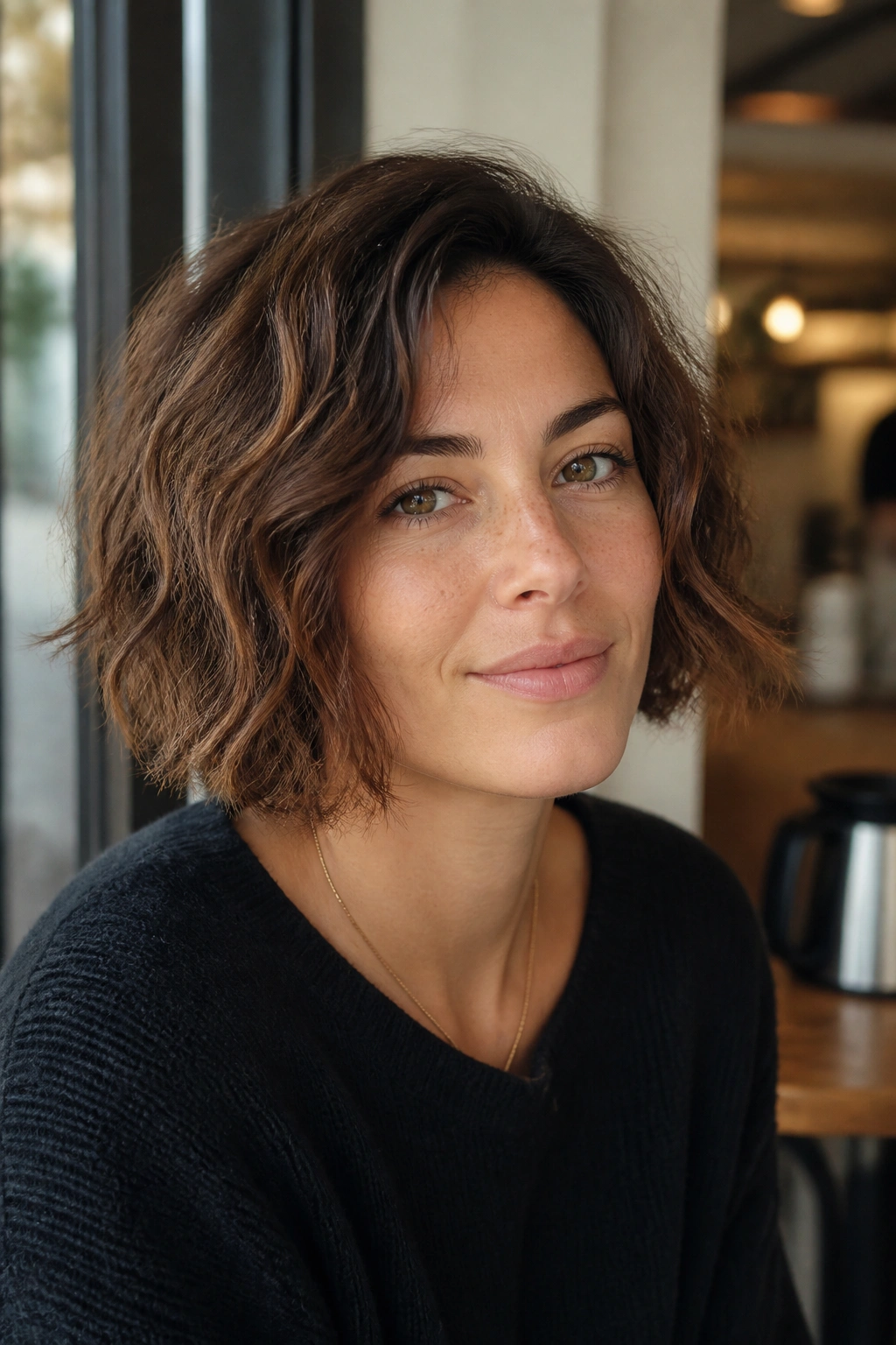 Close-up of a woman with a jaw-length wavy bob looking relaxed in a cafe setting