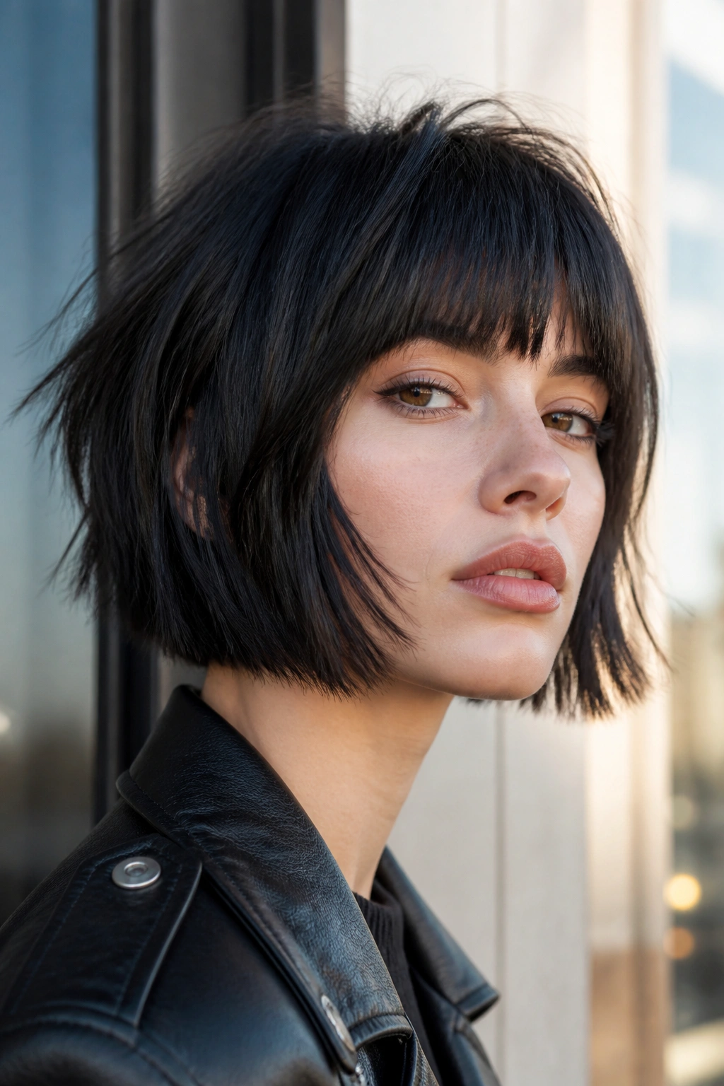 Real person with jaw-length wolf bob and blunt bangs in urban light