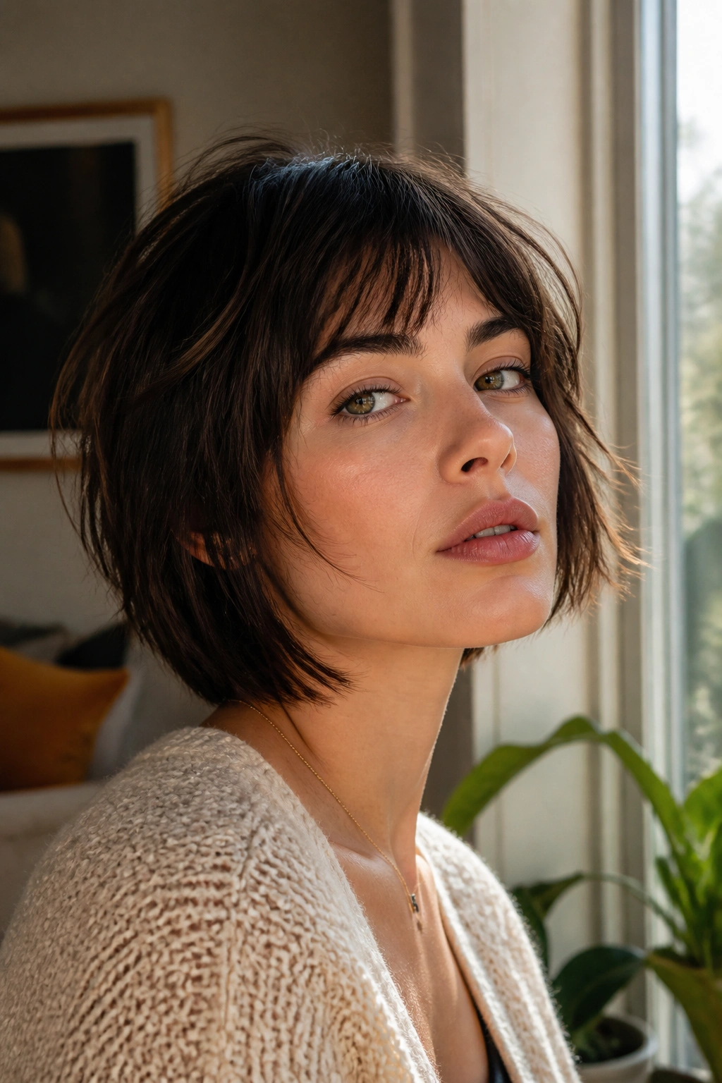 Close-up portrait of a real woman with jaw-length wolf cut highlighting cheekbones under natural window light