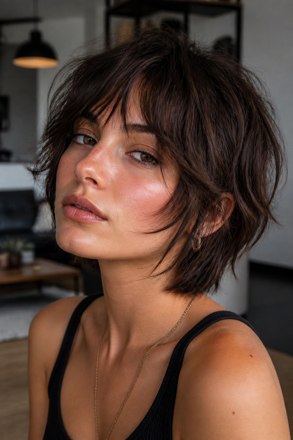 Close-up portrait of a real person with jaw-length wolf cut