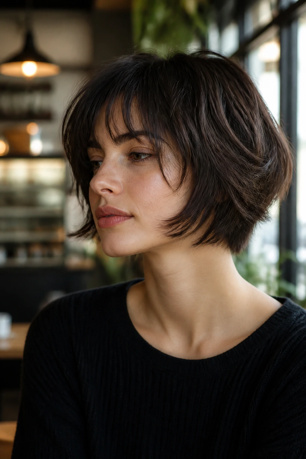 Portrait of a real woman with jaw-length wolf cut and tapered nape in a cafe lighting