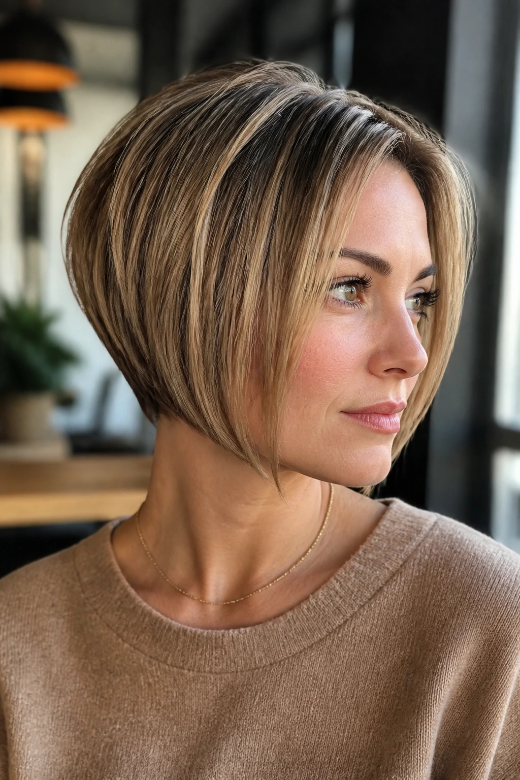 Close-up of a real woman with jaw-skimming A-line stacked bob framing the jaw