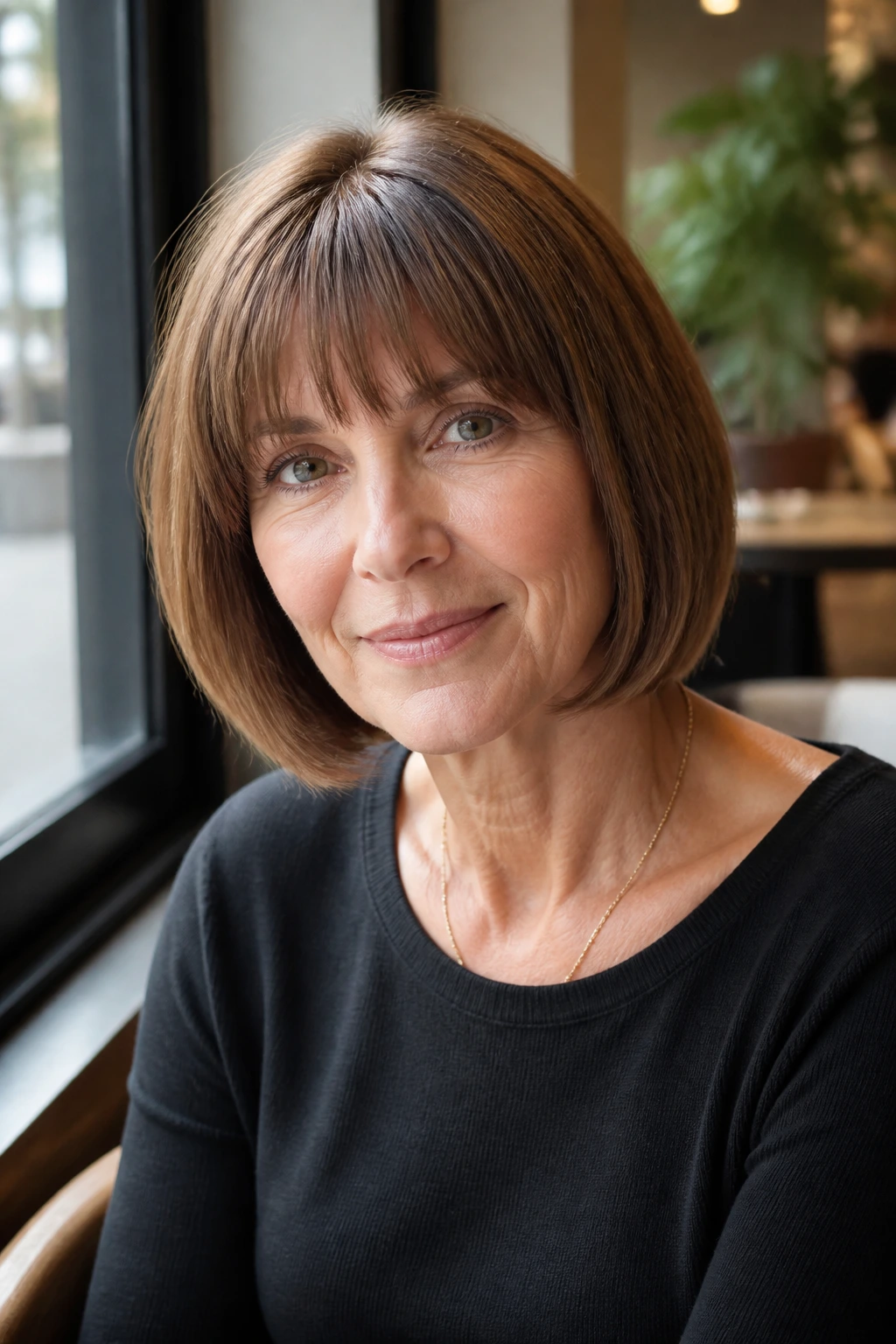 Close-up portrait of a real woman with a jaw-skimming bob and full bangs in soft daylight