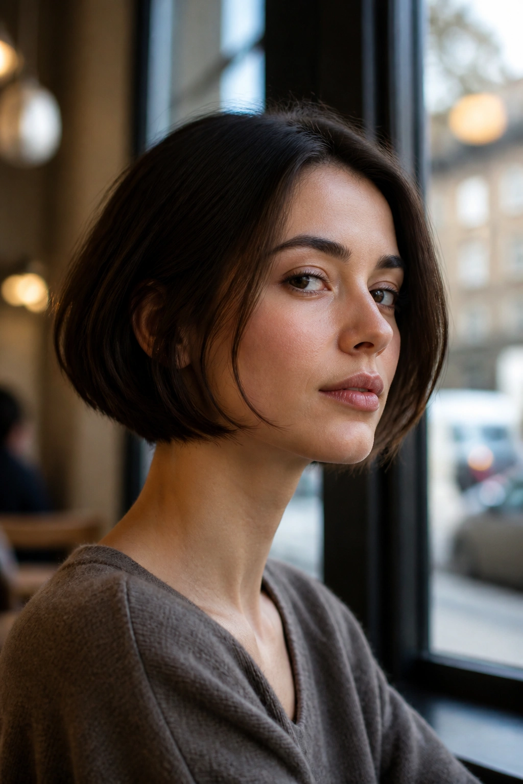 Close-up portrait of a real woman with a jaw-skimming French bob at the jawline in a cafe setting