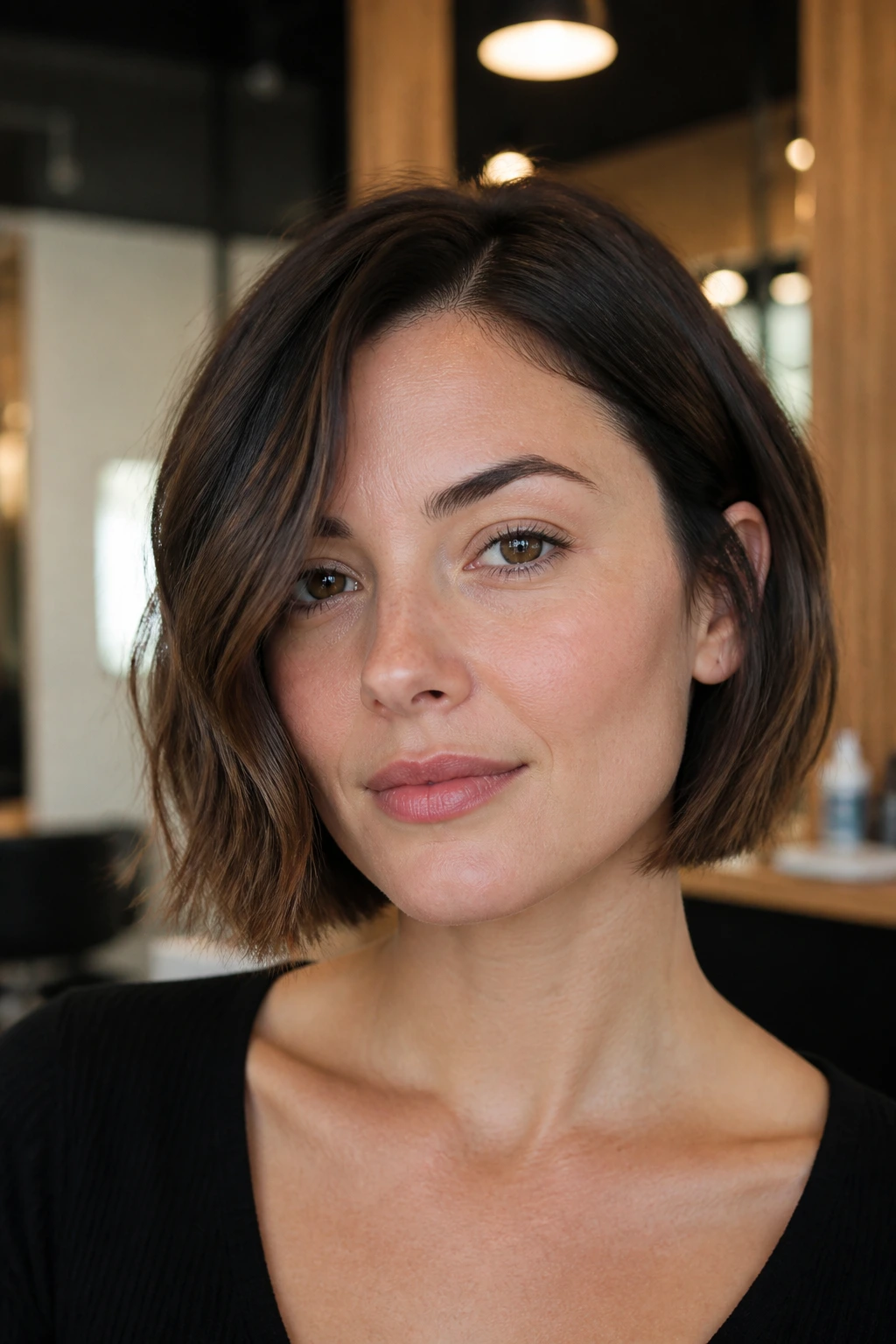 Close-up of a real woman with a jaw-skimming bob hairstyle in a salon setting