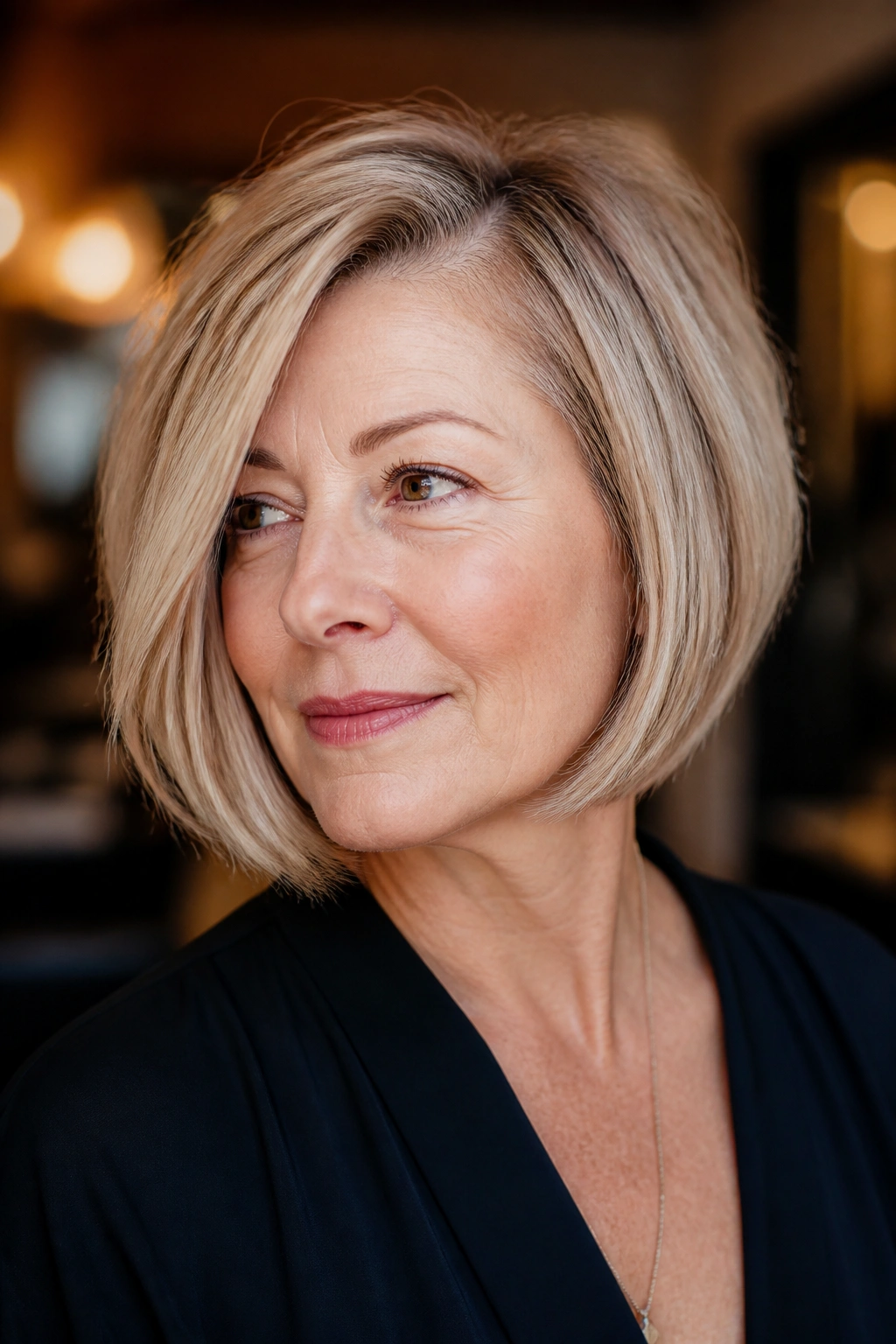 Portrait of a real woman with a jaw-skimming bob and side part in a warm-lit salon setting.