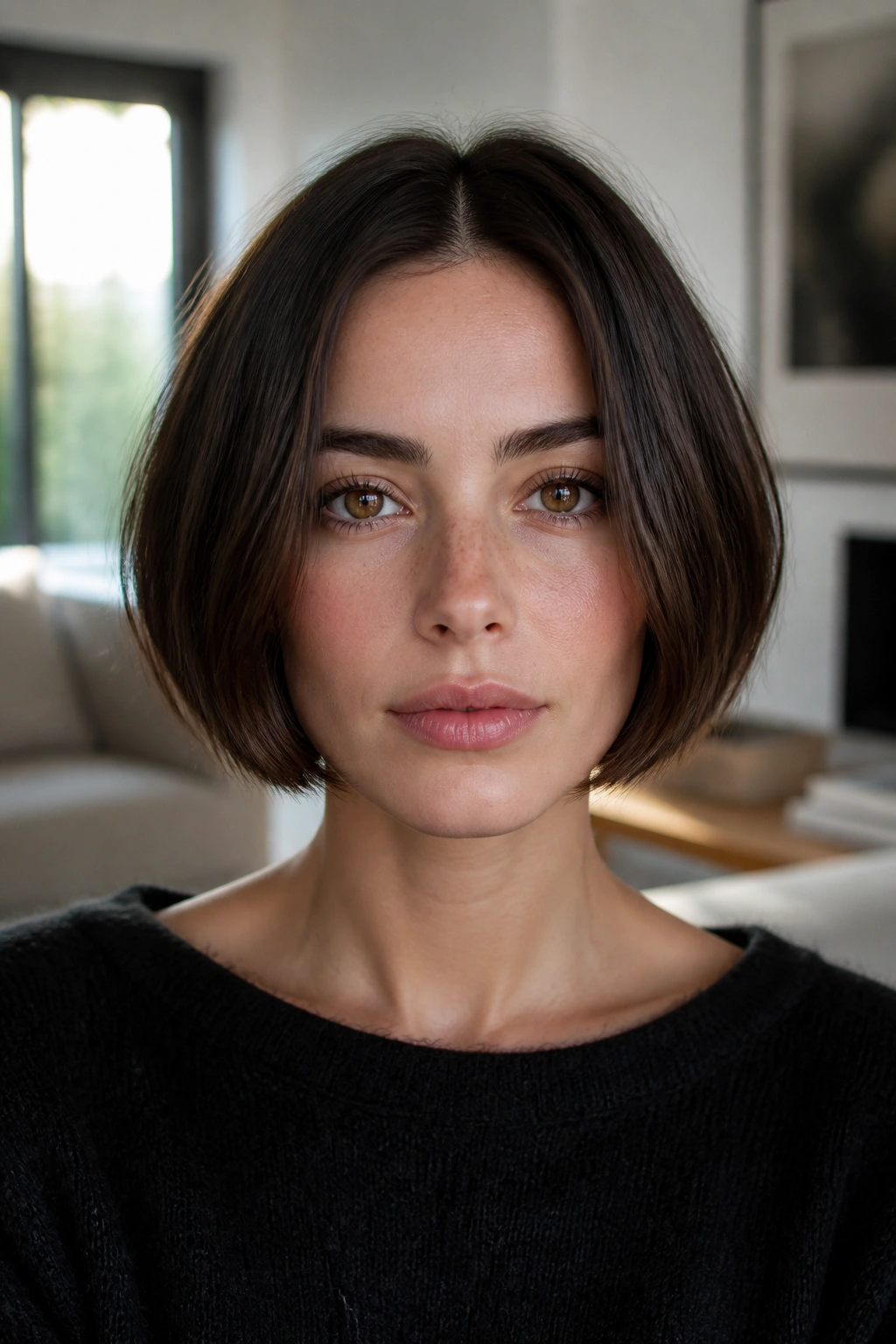 Real woman with jaw-skimming bob and deep center part
