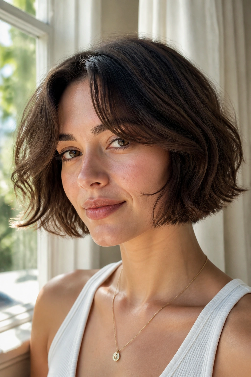 Close-up portrait of a real woman with jaw-skimming bob and curtain bangs