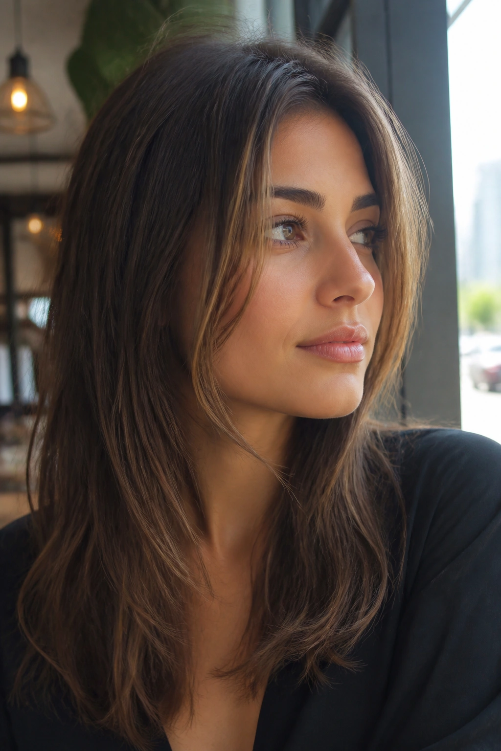 Close-up portrait of a real woman with jaw-skimming front pieces framing the jaw and long hair
