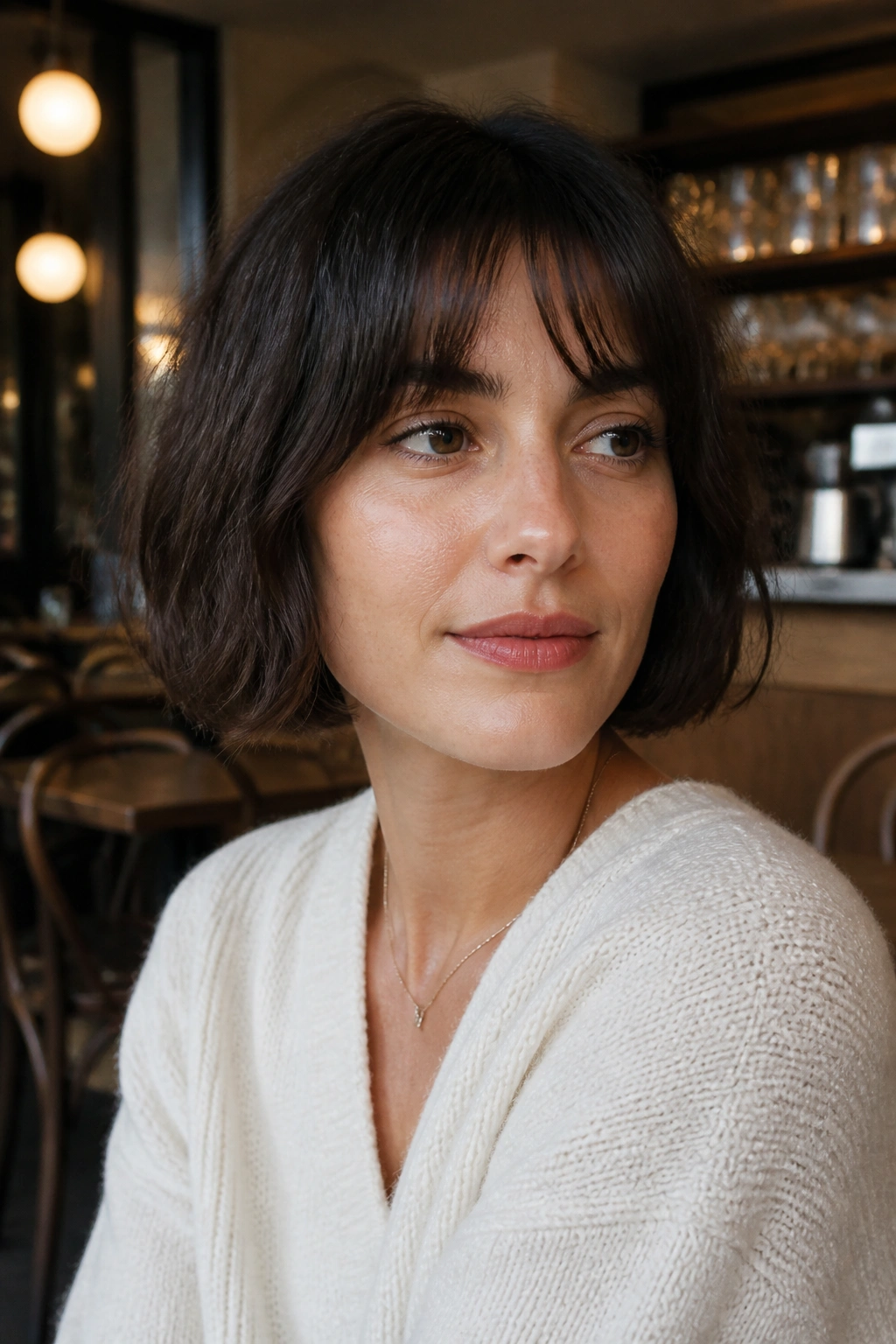 Close-up portrait of a real woman with a jaw-skimming French bob in a cozy cafe setting