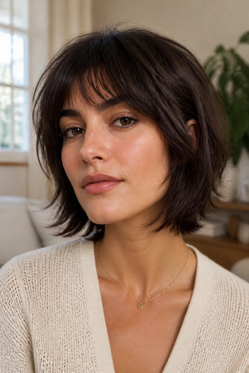Close-up of a real woman with jaw-skimming shag for square faces