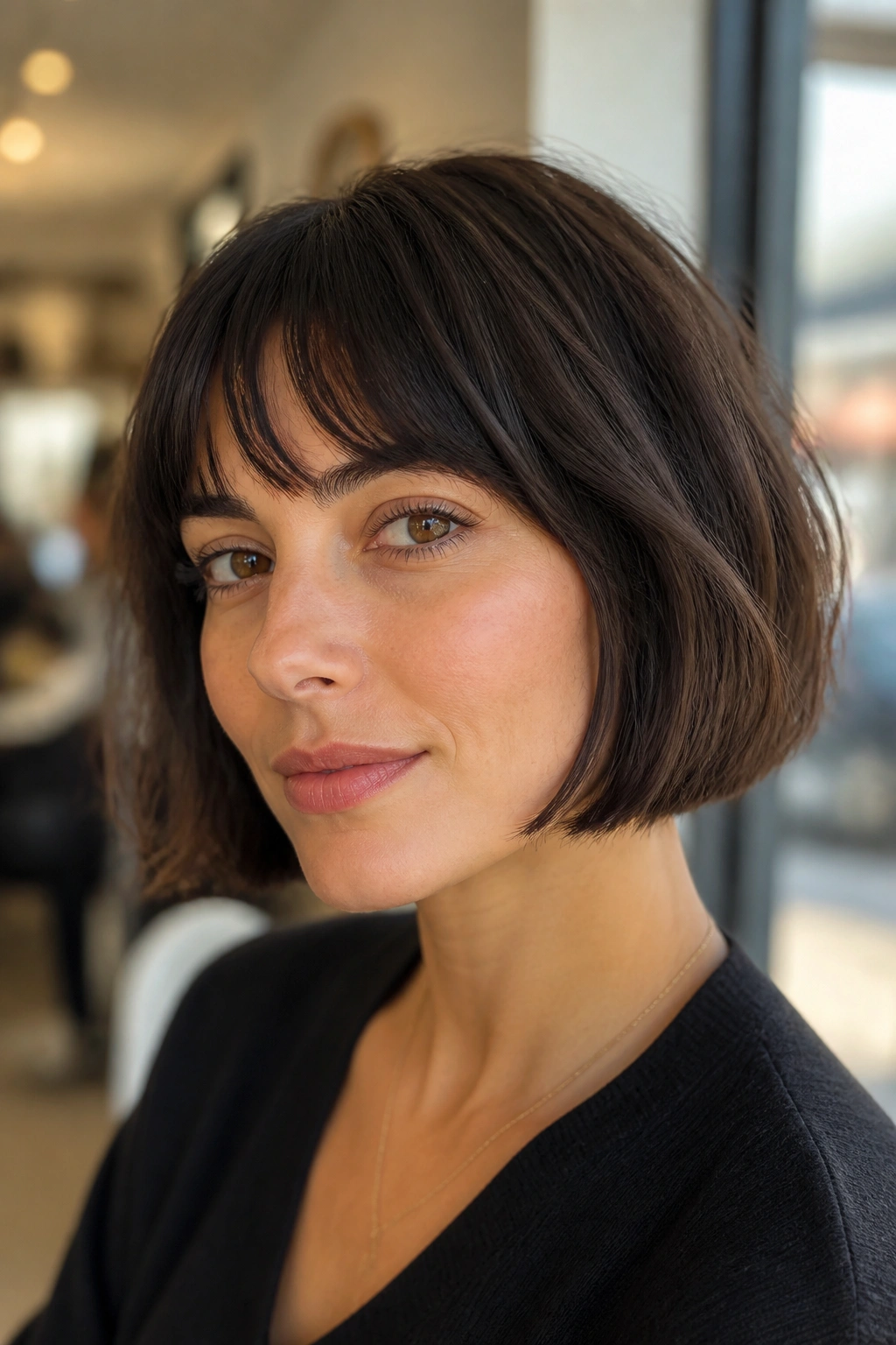 Close-up portrait of a real woman with a jaw-grazing French bob in warm salon light