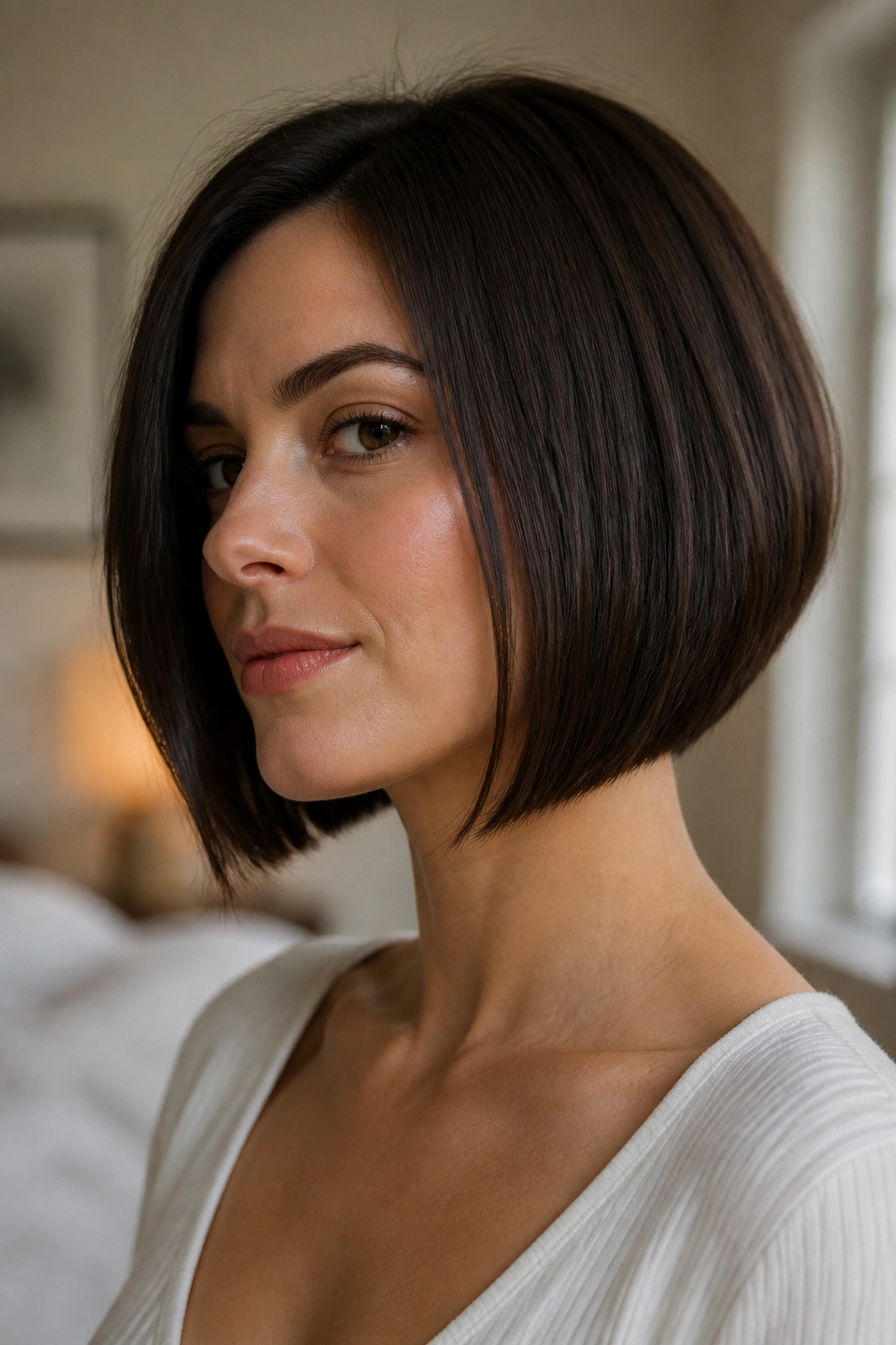 Close-up portrait of a real woman with a jawline-skimming angled bob in natural window light