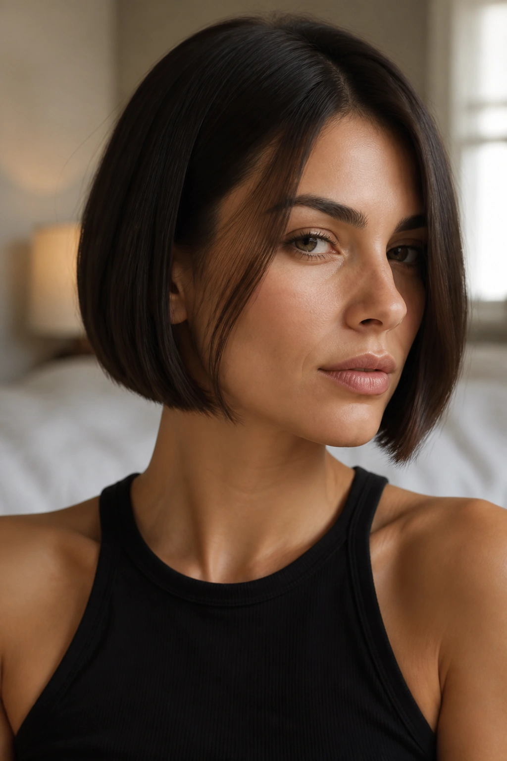 Close-up of a real woman with a jawline blunt bob under soft window light