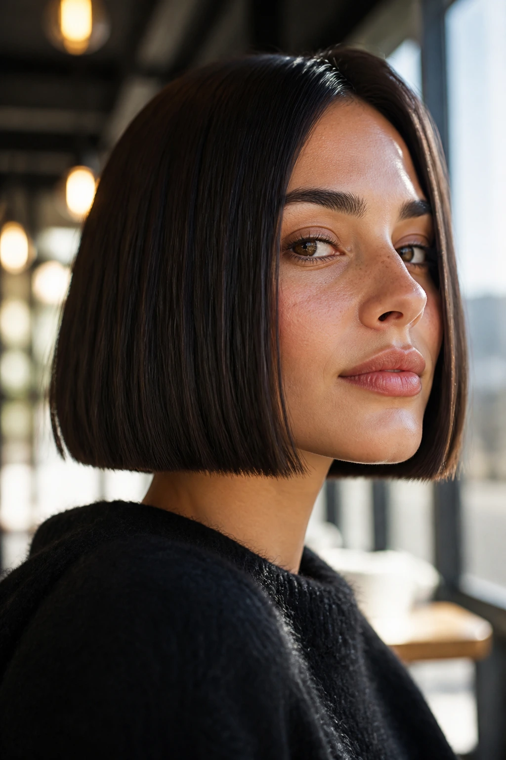 Real person with jawline-length blunt cut, sharp, straight-across hair framing the jaw