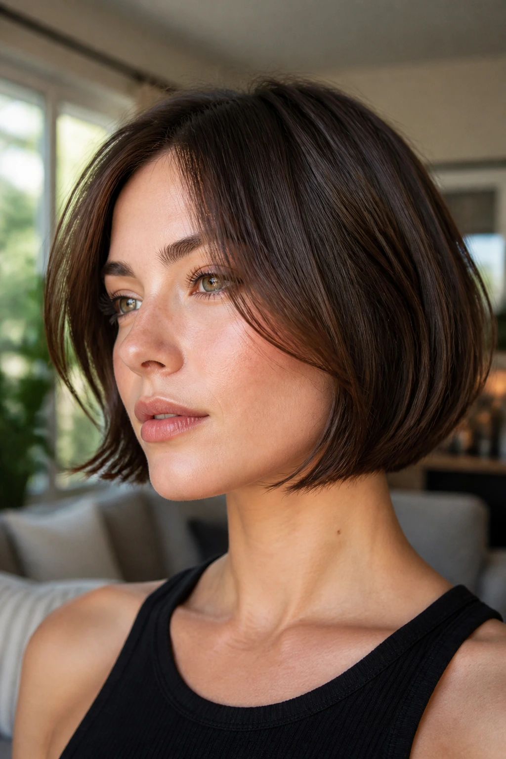 Close-up of a real woman with a jawline bob and soft face-skimming layers in natural light