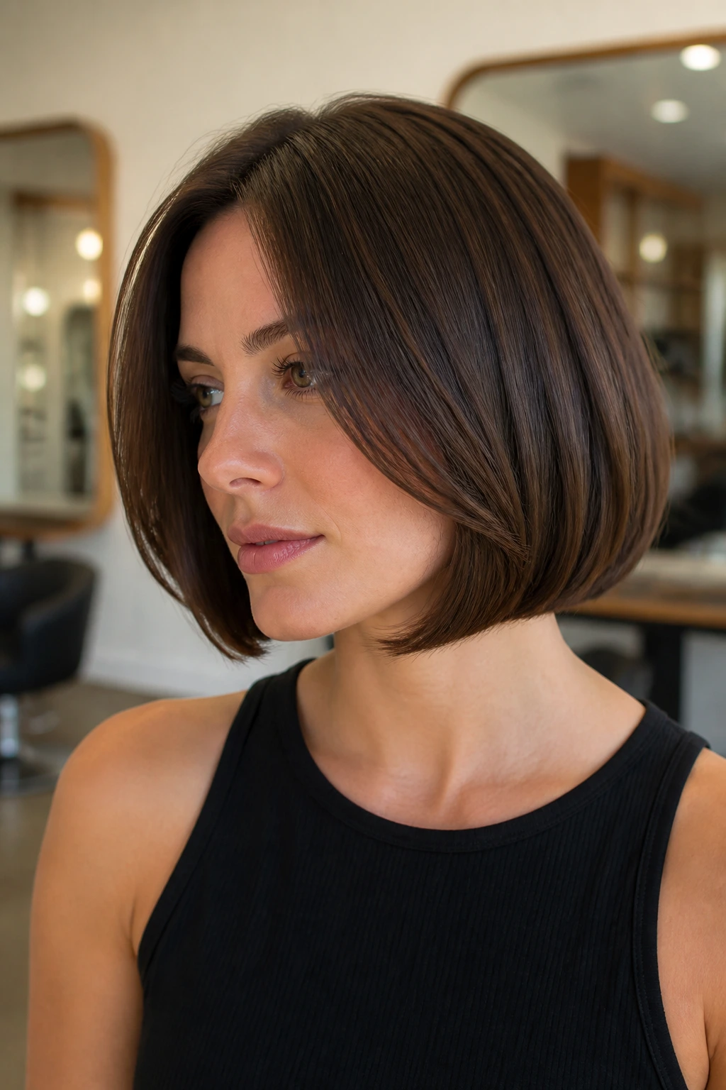 Real woman wearing jawline bob with internal layers in natural daylight