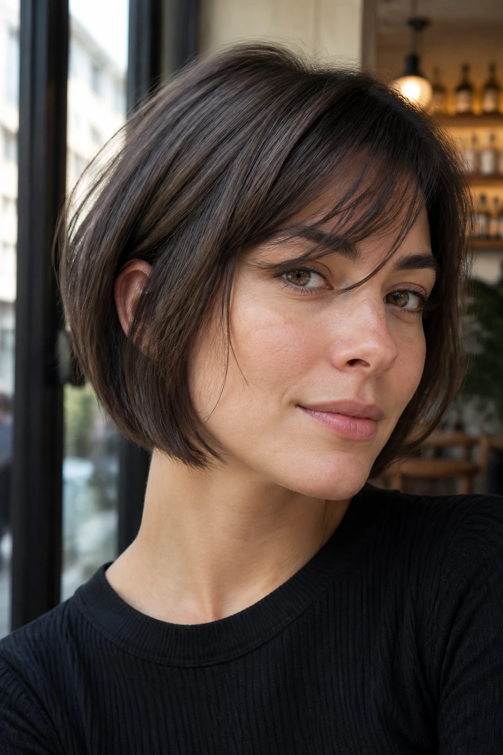 Close-up of a real woman with a jawline bob and piecey side bangs in urban light