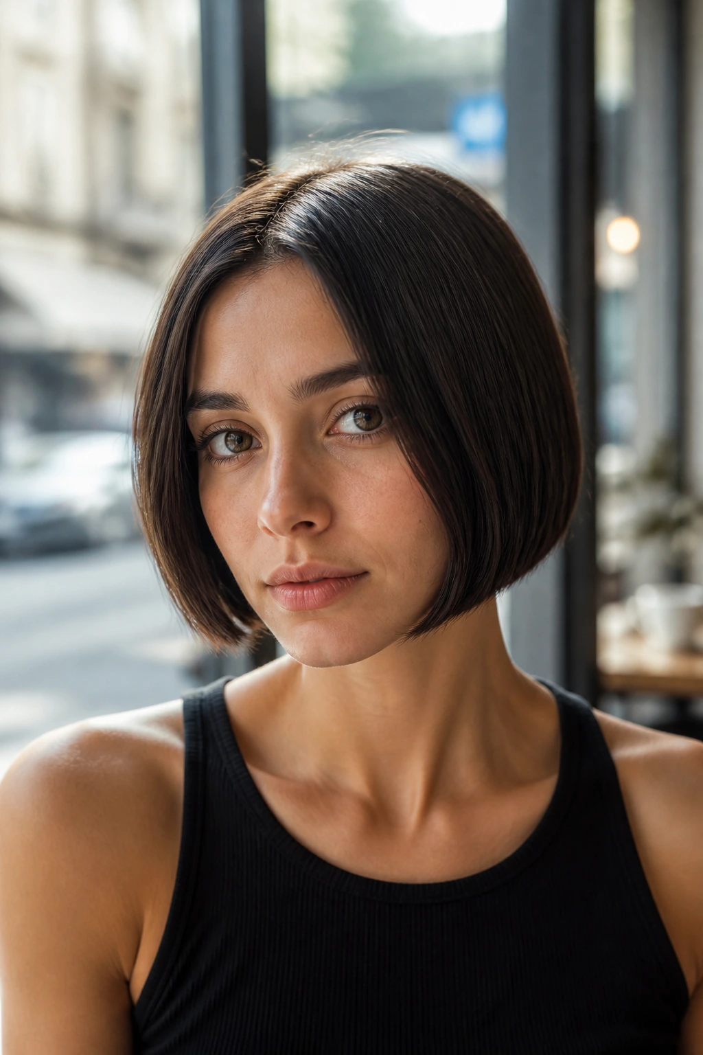 Close-up portrait of a real woman with a jawline bob at jaw length, in warm cafe light