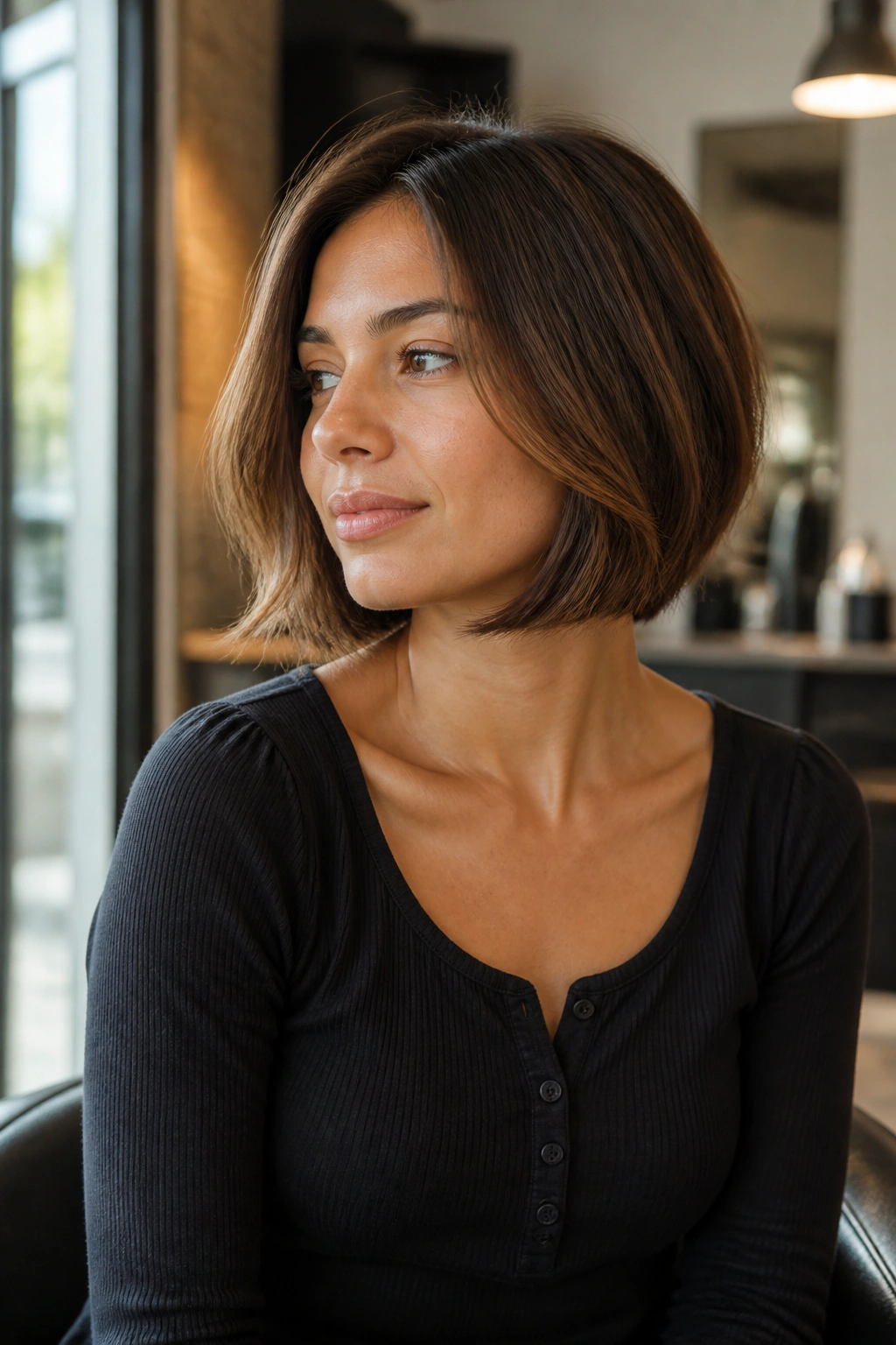 Portrait of jawline bob with razor-soft ends on a real woman