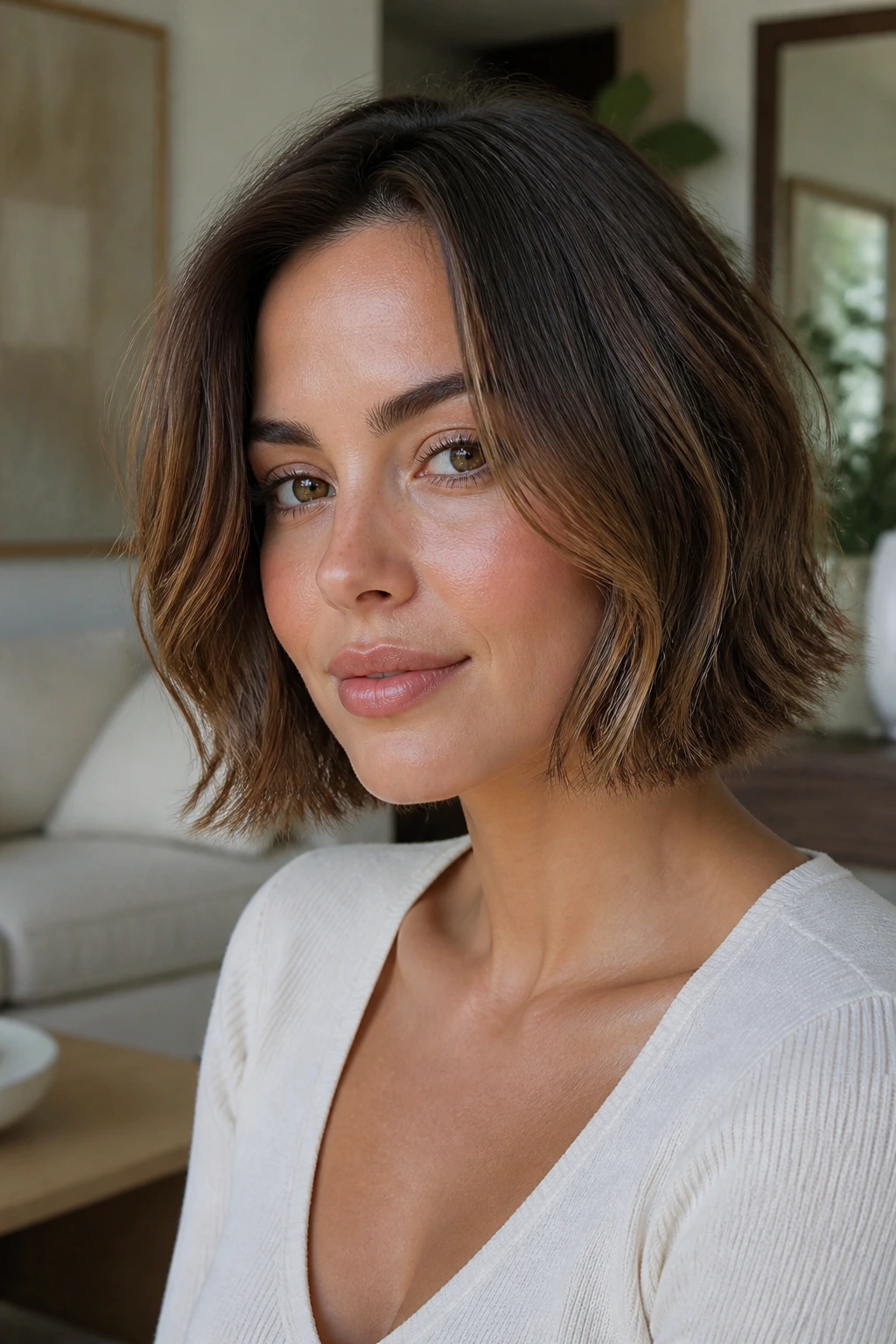 Portrait of a real person with jawline bob and soft feathered ends.