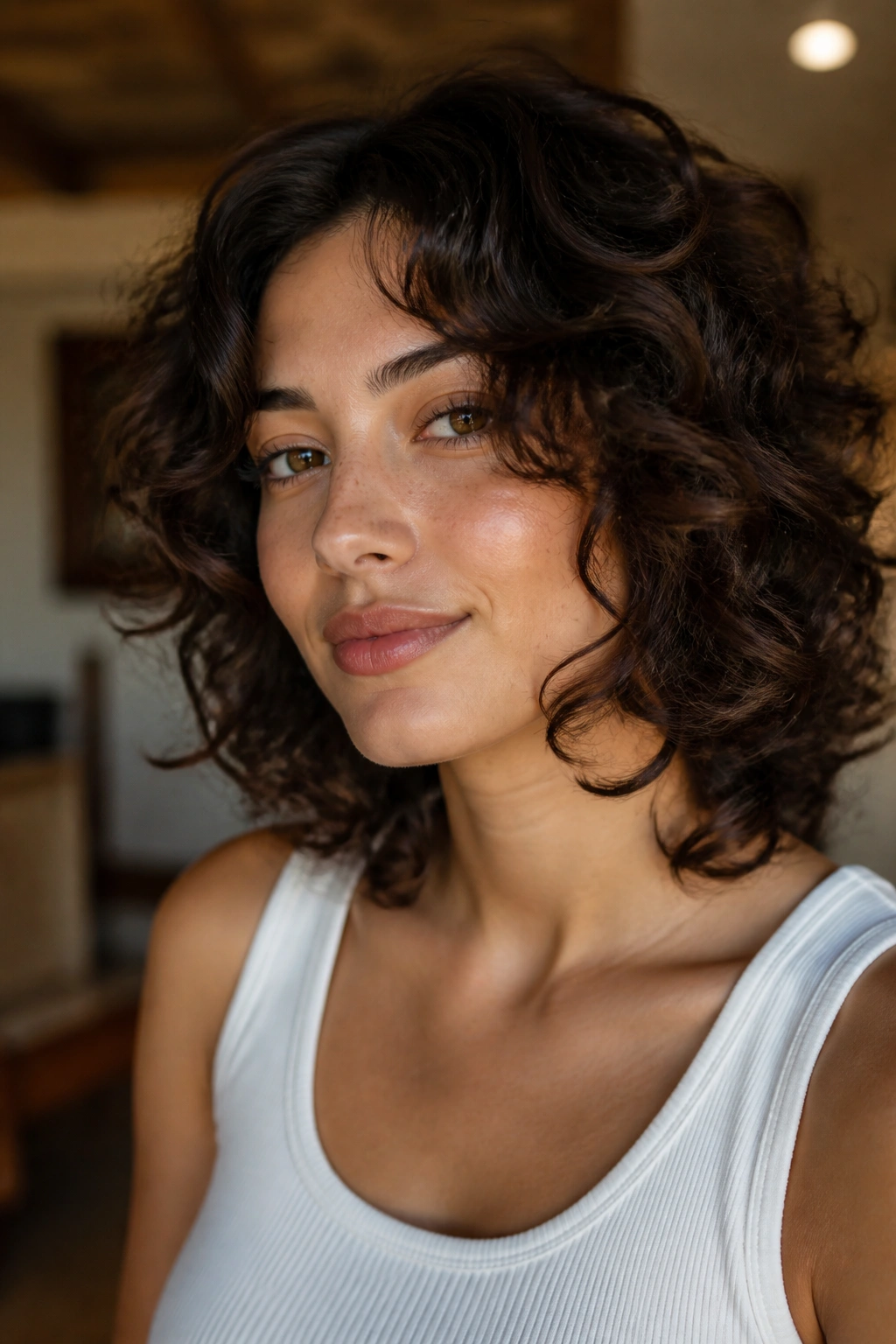 Close-up of a real woman with jawline framing curls around the jaw