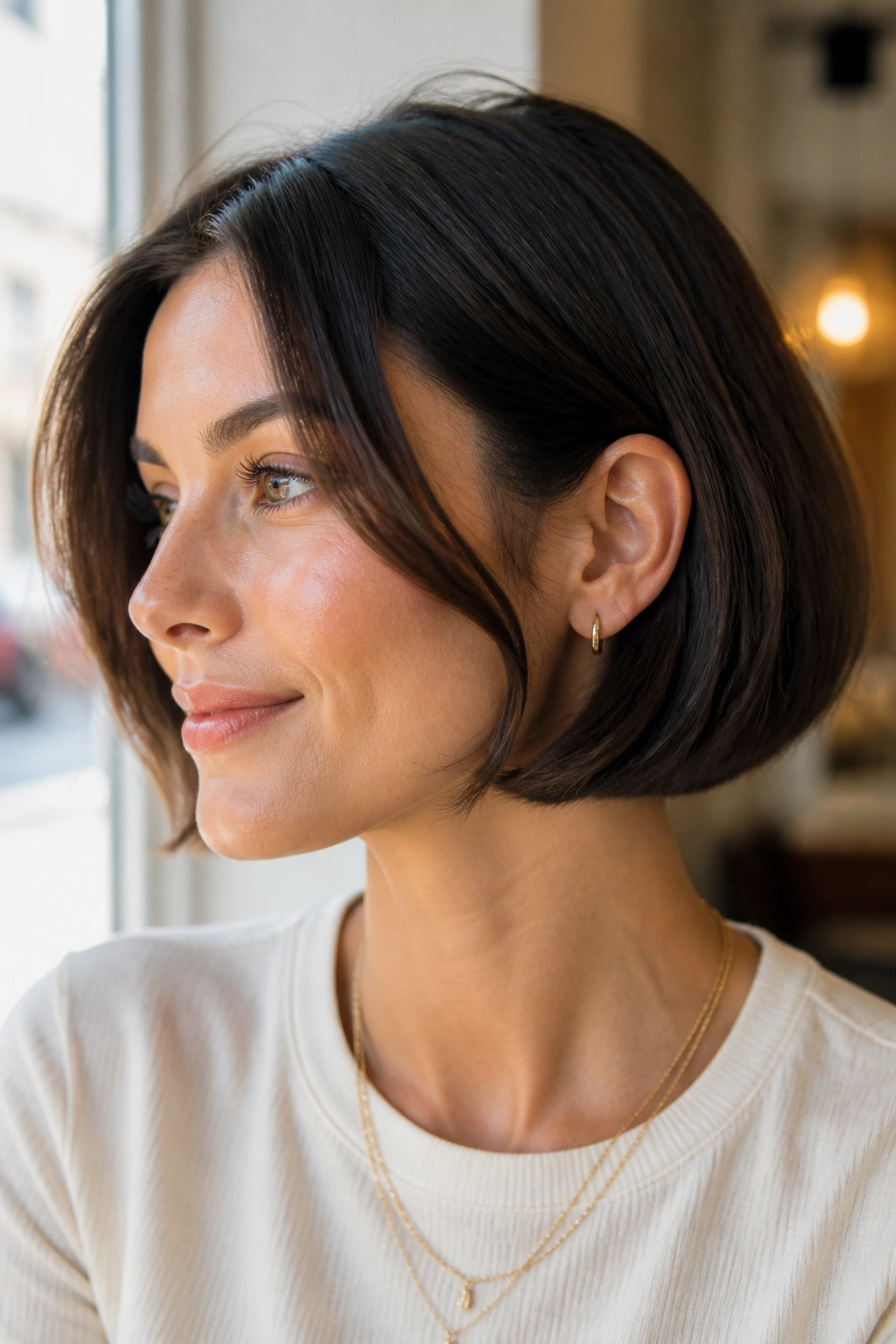 Portrait of a real woman with a jawline-length French bob in natural light