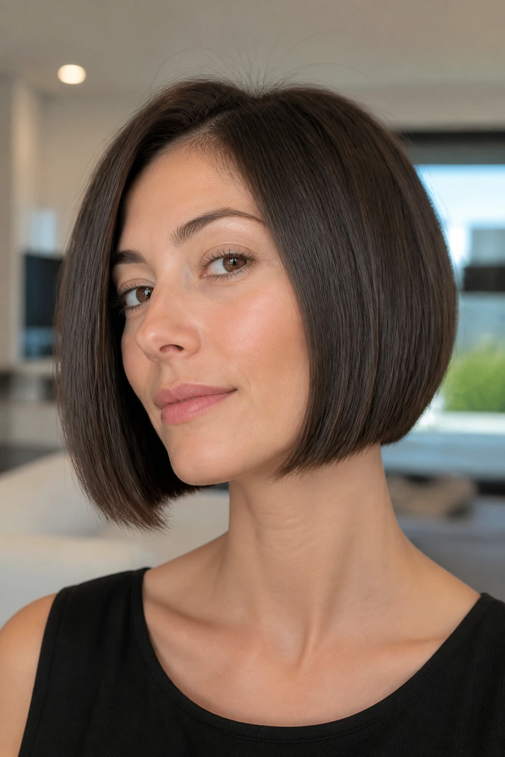 Portrait of real woman with jawline-grazing sleek bob and crisp perimeter