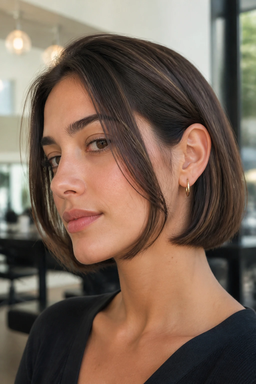 Real woman with jawline layers to sharpen a blunt bob.