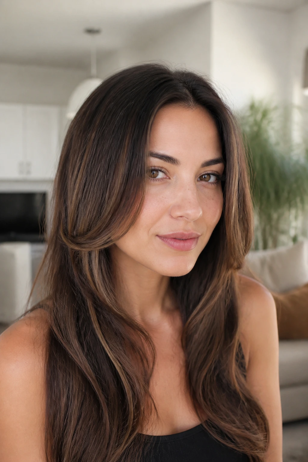 Portrait of a woman with soft jawline face-framing pieces around the jaw